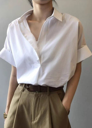 Chic Summer V-Neck Short Sleeve Blouse Loose Fit Retro Style Women's Shirt