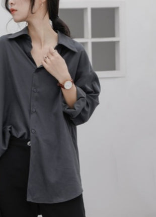 Stylish Oversized Retro Long-Sleeve Button-Up Shirt for Women, Polyester Fall Comfort