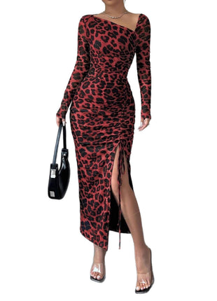 Chic Leopard Print Bodycon Dress, Long Sleeve, High Waist, Split Hem