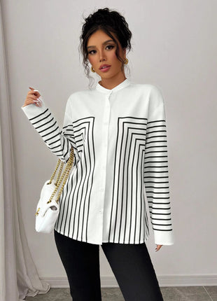 Chic Women's Striped Polo Collar Long Sleeve Blouse Top Casual Office
