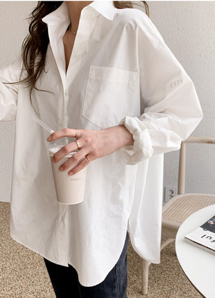 Chic Korean Style White Oversized Long Sleeve Polyester Polo Shirt for Women