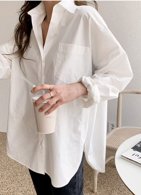 Chic Korean Style White Oversized Long Sleeve Polyester Polo Shirt for Women