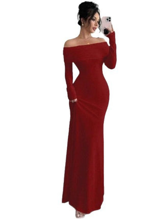 Elegant Off-Shoulder Long Sleeve Bodycon Dress - Slim Fit Hip-Accented Autumn Wear