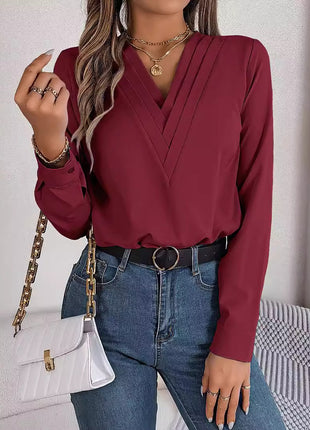 Elegant Women's V-Neck Long Sleeve Layered Blouse, Solid Color Stretch Polyester Shirt