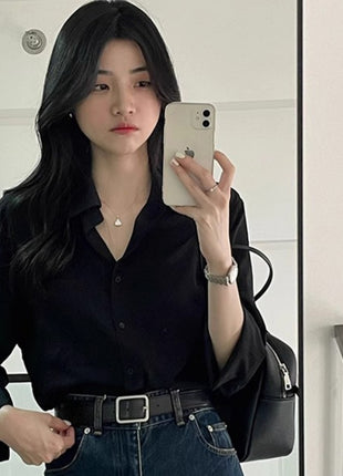 Elegant French Style Black Long-Sleeve Shirt for Women - Chic Commuter Sun Protection Top
