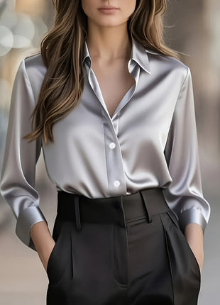 Chic Women's Long-Sleeve Button-Down Polyester Blouse for Business & Leisure