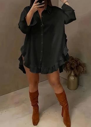 Chic Women's Solid Ruffled Hem Loose Fit Long Sleeve Button-Down Blouse