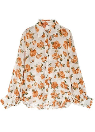 Plus Size Loose Fit Floral Shiffon Polo Collar Long-Sleeve Lantern Shirt
