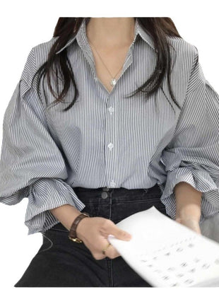 Korean Inspired Striped Lantern Sleeve Loose Fit Polyester Blouse Shirt