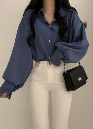Elegant Plus Size Women's Demi-Season Shirt with Chic Puff Sleeves