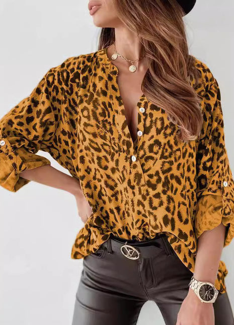 Chic Women's Leopard Print Long Sleeve Cardigan Shirt Button-Up Blouse