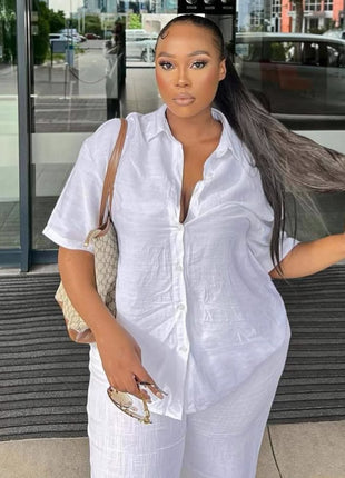 Chic European Style Women's Solid Color Short Sleeve Shirt & Trousers Set