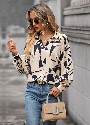 Women's Elegant Abstract Geometric Print Casual Lantern Sleeve Shirt Top