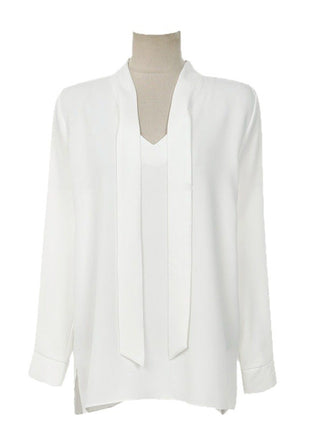 Elegant V-Neck Chiffon Blouse with Ribbon Tie - Loose Fit Long Sleeve Top