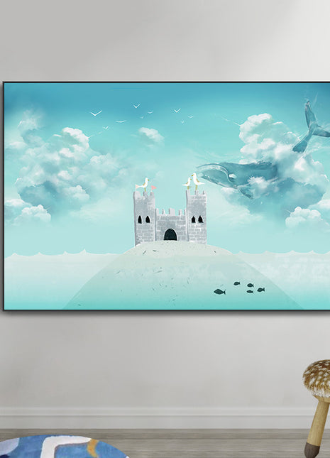 2D Flat, 1pc Large Modern Minimalist Whale Wall Art - Ocean Painting with Whale,  Framed Canvas Print in Sky Blue, for Living Room, Bedroom, Office Decor - Easy Hang Marine Life Poster Sea Decor, Home Decoration