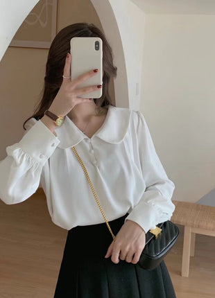 Chic Retro Summer Chiffon Shirt: Doll Collar, Puff Sleeves, Comfortable Style