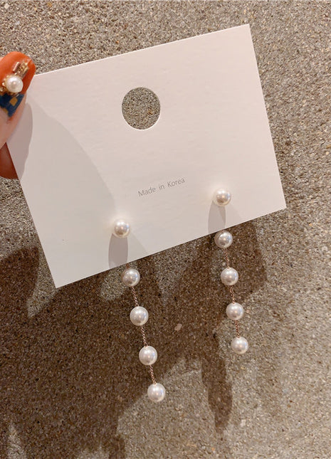 Elegant Korean Fashion Pearl Chain Tassel Dangle Earrings for Women