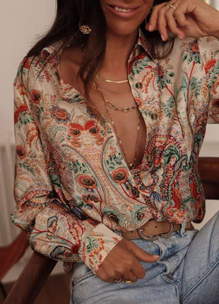 Stylish Women's Summer Printed Short Sleeve Lapel Casual Blouse Shirt