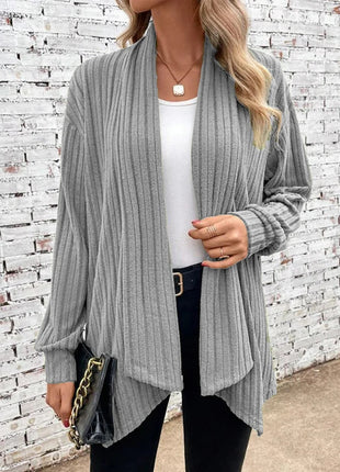 Women's Versatile Solid Ribbed Knit Long-Sleeve Open Front Cardigan Sweater
