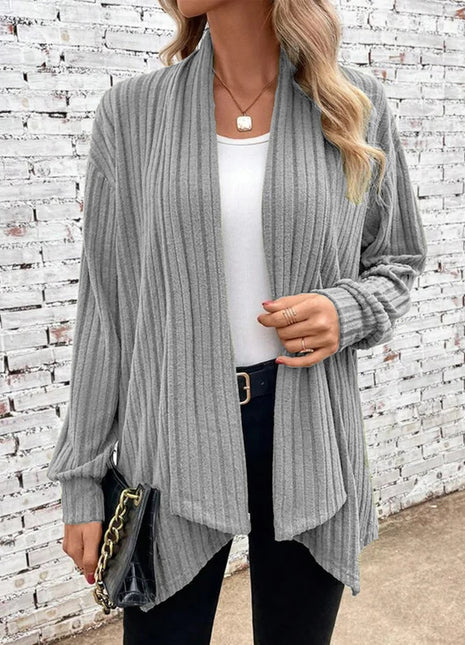 Women's Versatile Solid Ribbed Knit Long-Sleeve Open Front Cardigan Sweater