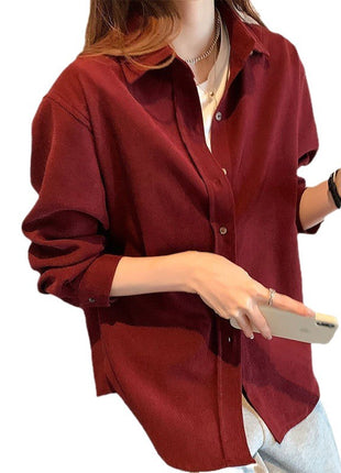 Stylish Women's Corduroy Long-Sleeve Shirt, Retro Design, Versatile Demi-Season Top