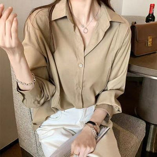 Elegant Women's Long-Sleeve Button-Down Shirt Versatile Polyester Blouse Top for Autumn