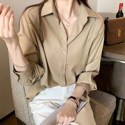 Elegant Women's Long-Sleeve Button-Down Shirt Versatile Polyester Blouse Top for Autumn