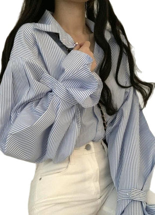 Korean Preppy Loose Fit Striped Lantern Sleeve Blouse Women's Autumn Spring Top