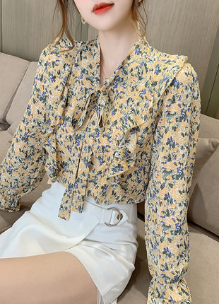 Spring Fashionable Chiffon Long-Sleeve Bow Blouse, Korean Western Style