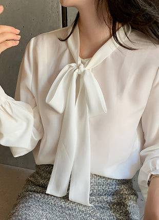 Elegant Women's Loose Bow-Knot White Top, Chic Long Sleeve Pullover