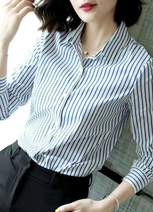Chic Women's Striped Polo Collar Long-Sleeve Polyester Slim Fit Blouse