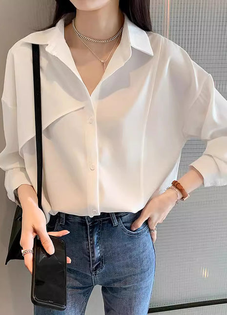 Chic French Style Loose Fit Polyester Shirt Blouse, Casual Long Sleeve Top