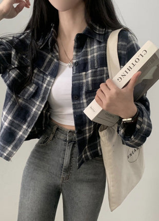 Chic Retro Plaid Long-Sleeve Shirt Jacket Women's Loose-Fit Korean French Autumn