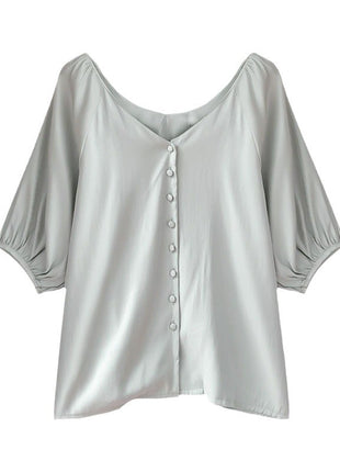 Elegant Korean Style Loose Fit Chiffon Short Sleeve V-Neck Blouse Top
