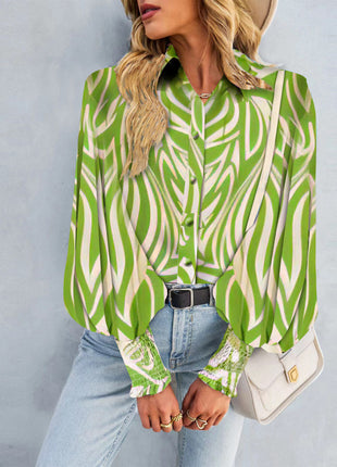 Elegant Women's Spring Floral Print Lantern Sleeve Polo Collar Loose Blouse