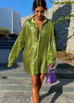 Dazzling Sequin Oversize Mid-Length Shirt - European Style Long Sleeve Top
