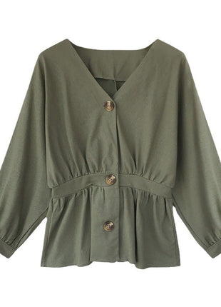 Elegant Korean Style V-Neck Long-Sleeve Shirt - Slim Fit Spring Blouse