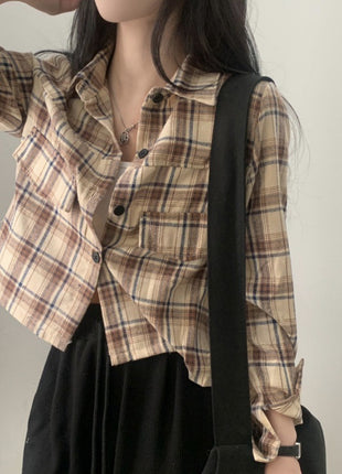 Chic Retro Plaid Long-Sleeve Shirt Jacket Women's Loose-Fit Korean French Autumn