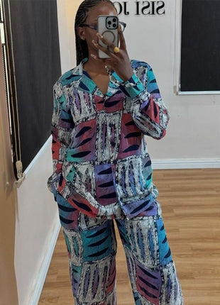 Chic European Style Women's Long-Sleeve Leisure Geometric Print Two-Piece Set