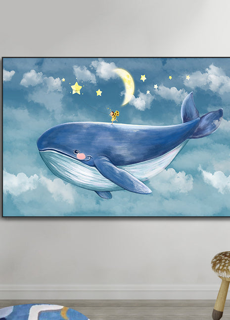 2D Flat, 1pc Large Modern Minimalist Whale Wall Art - Ocean Painting with Whale,  Framed Canvas Print in Sky Blue, for Living Room, Bedroom, Office Decor - Easy Hang Marine Life Poster Sea Decor, Home Decoration