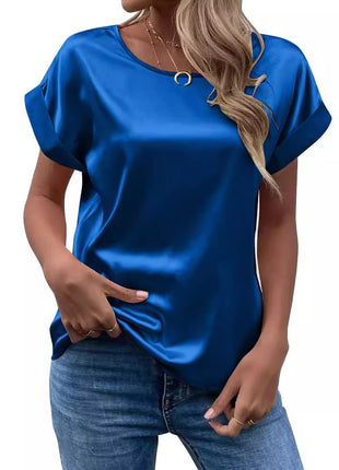 Chic Ladies Satin Round Neck Short Sleeve T-Shirt Blouse Straight Fit Solid Color