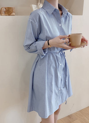 Chic Striped Polo Collar A-Line Long Sleeve Midi Shirt Dress for Women