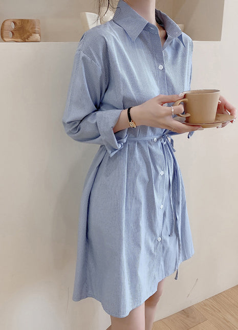 Chic Striped Polo Collar A-Line Long Sleeve Midi Shirt Dress for Women