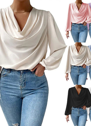 Elegant V-Neck Chiffon Blouse, Long Sleeve Loose Fit European Women's Top