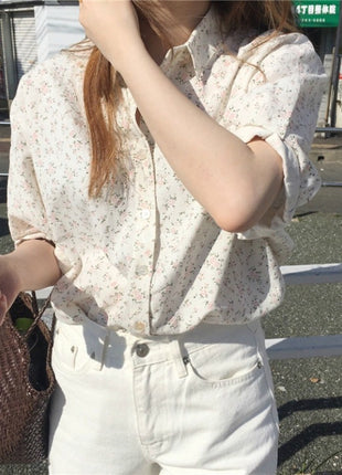 Cute Girls' Floral Print Short Sleeve Summer Shirt - Korean French Style Top