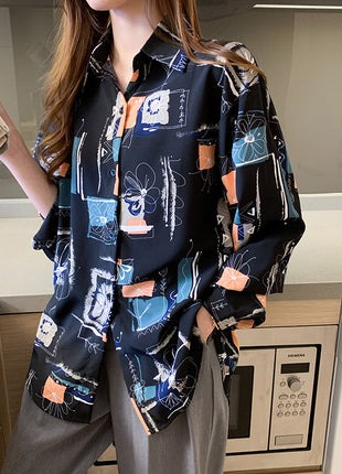 Chic Korean Print Loose Fit Long Sleeve Button-Down Shirt for Women