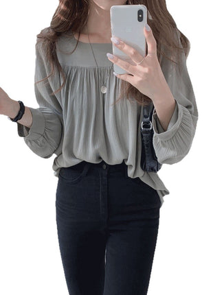 Chic Oversized Chiffon Blouse, Women's Square Neck Long Puff Sleeve Top