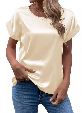 Chic Ladies Satin Round Neck Short Sleeve T-Shirt Blouse Straight Fit Solid Color