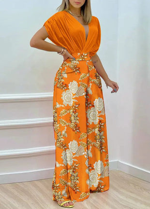 Women's European Style Printed Bat-Sleeve Top & Wide-Leg Pants Set