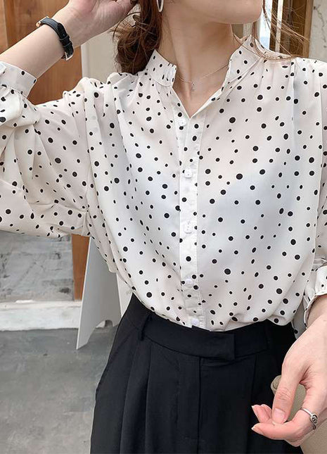 Chic Korean Polka Dot Chiffon Long-Sleeve Blouse with Elegant Lantern Sleeves